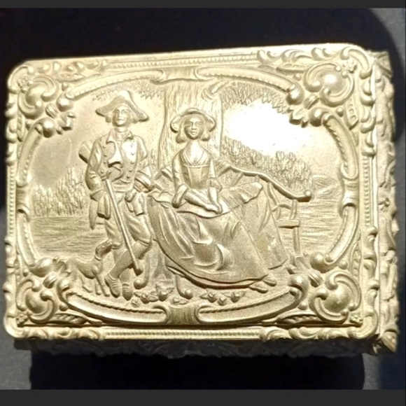 Vintage Metal Pressed Trinket Jewelry Box Colonial Style Red Velvet Lined - Picture 1 of 11